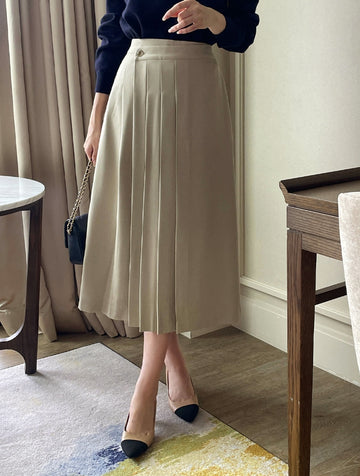 Yuloy Unbalanced Wrap Pleated Banding Long Skirt